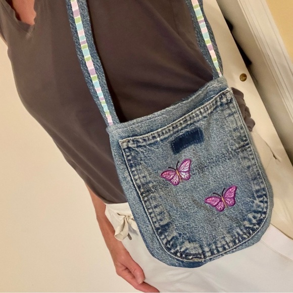 Handcrafted Upcycled Denim Bag lined Butterfly patches - Picture 1 of 7